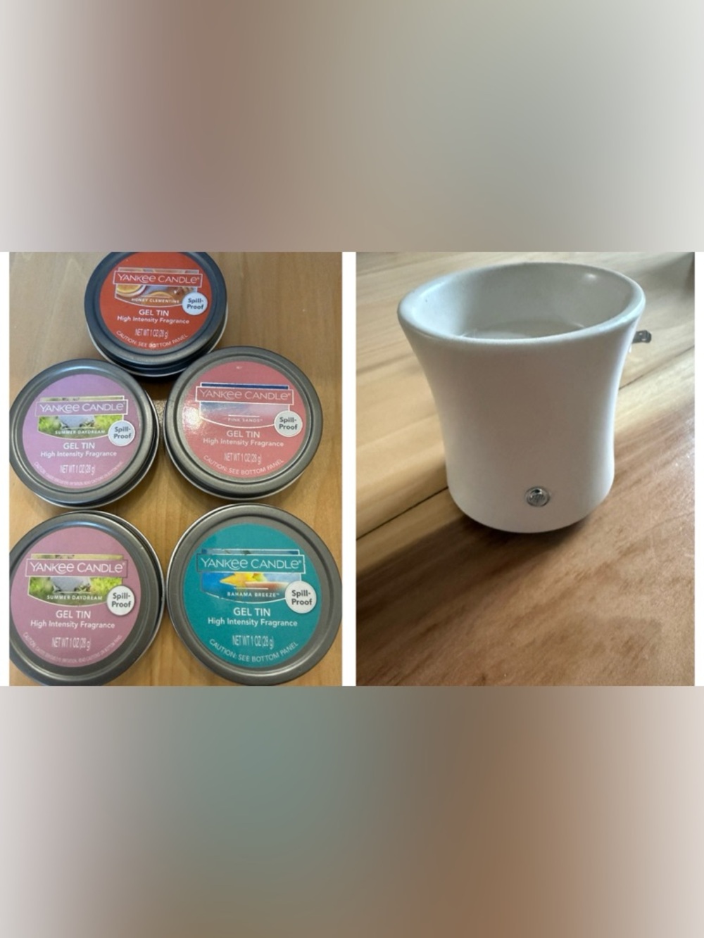 Yankee Gel Tins & warmer Pink Sands, Bahama Breeze, Summer Daydream, Clementine